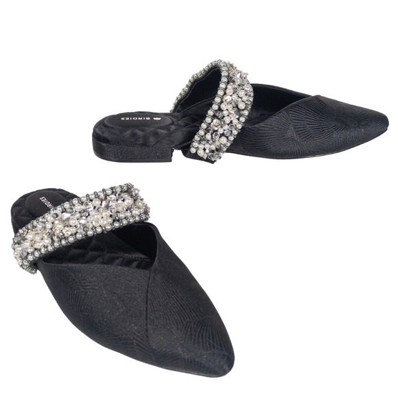 BIRDIES Swan Black Jacquard Mule Flats Beaded Cuff Pointed Toe Women's 7.5 - Picture 2 of 9